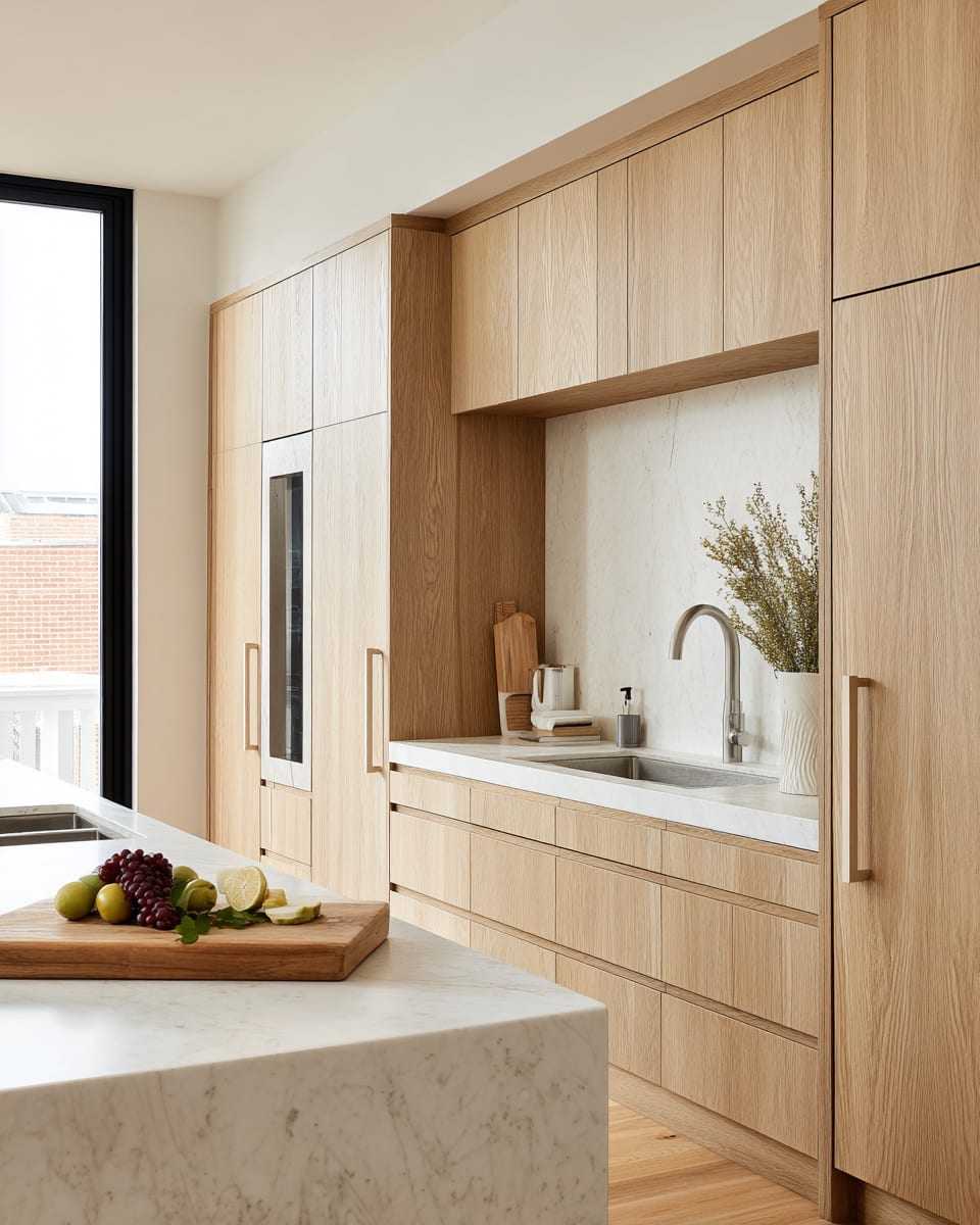A custom Elite Joinery kitchen — timber cabinetry, a stone island bench and integrated appliances in a Sydney home.