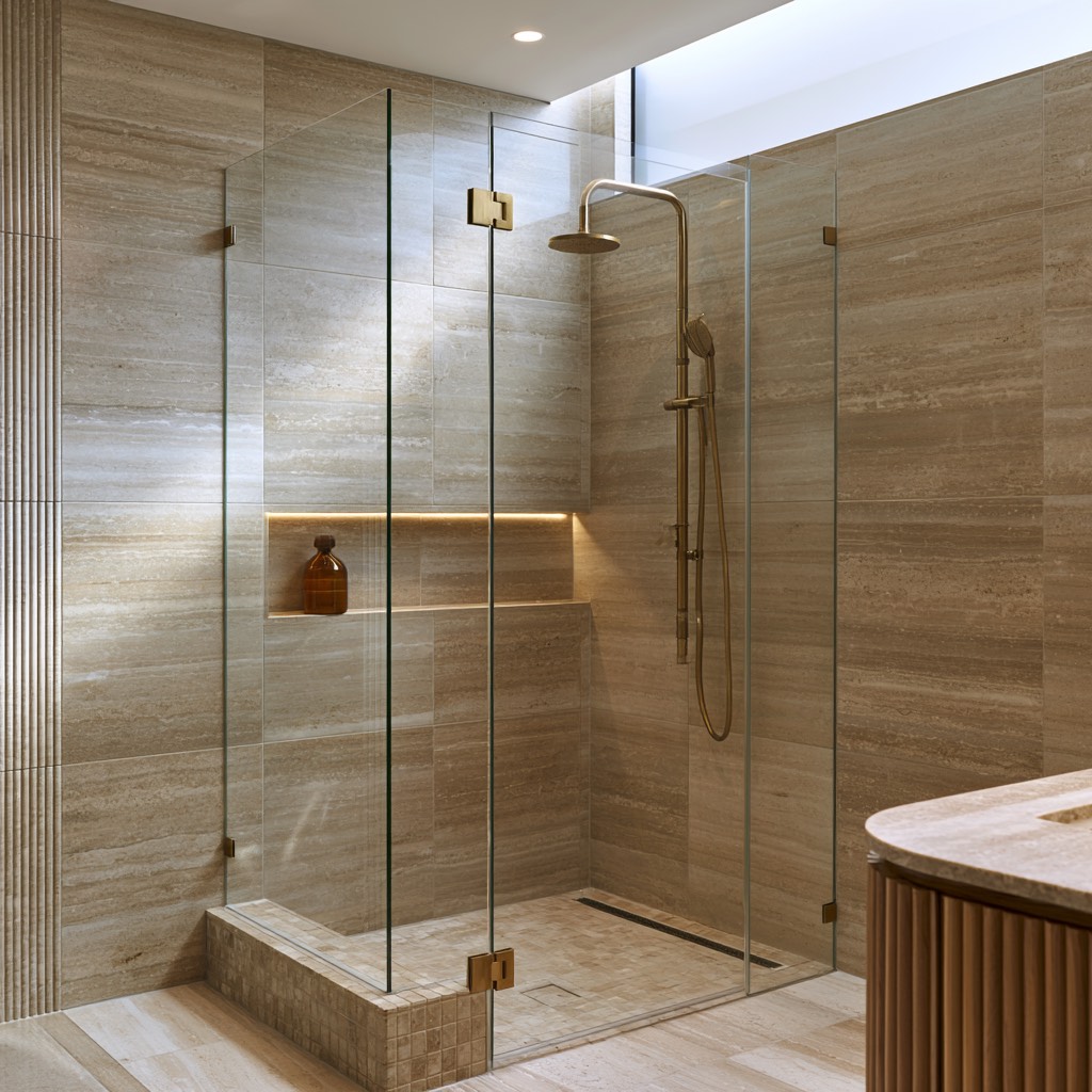 A frameless glass shower screen with brushed-brass hardware in a custom Elite Joinery Sydney ensuite.